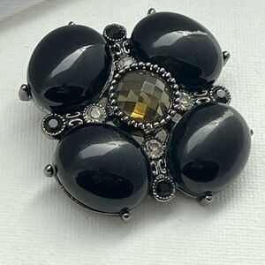 Rhinestone Black Faux Onyx Silver Brooch and or Pendant Gothic Art Deco 2”
